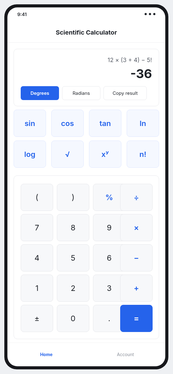 Scientific Calculator mobile app interface on Android